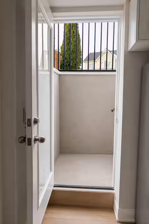 The outside basement entrance door and landing